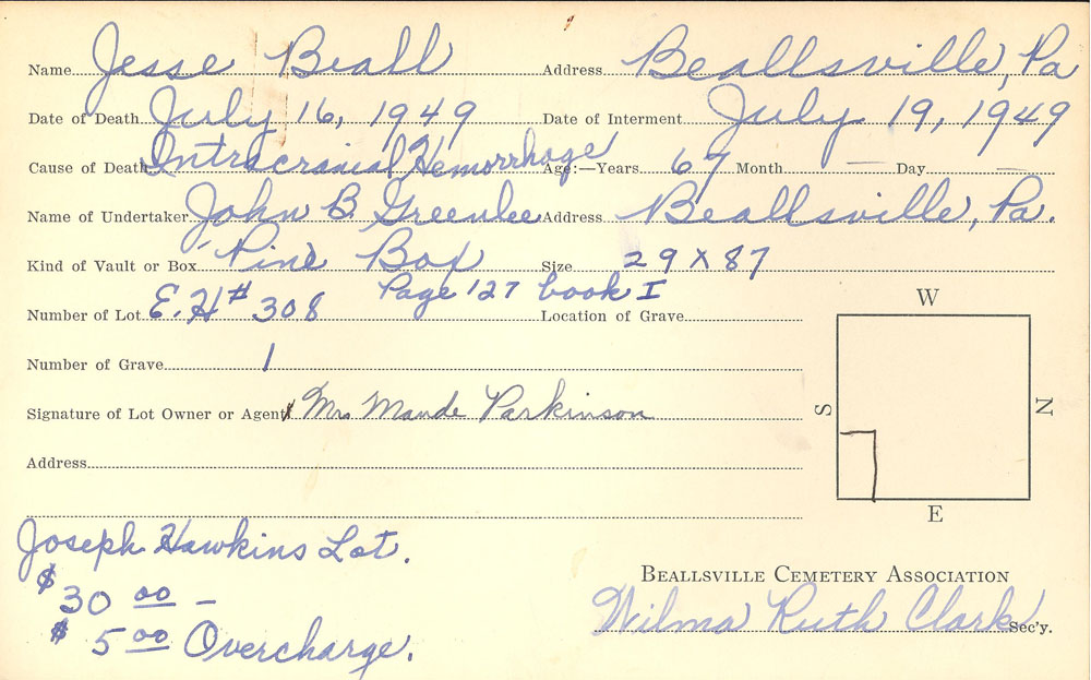 Jesse H. Beall  burial card